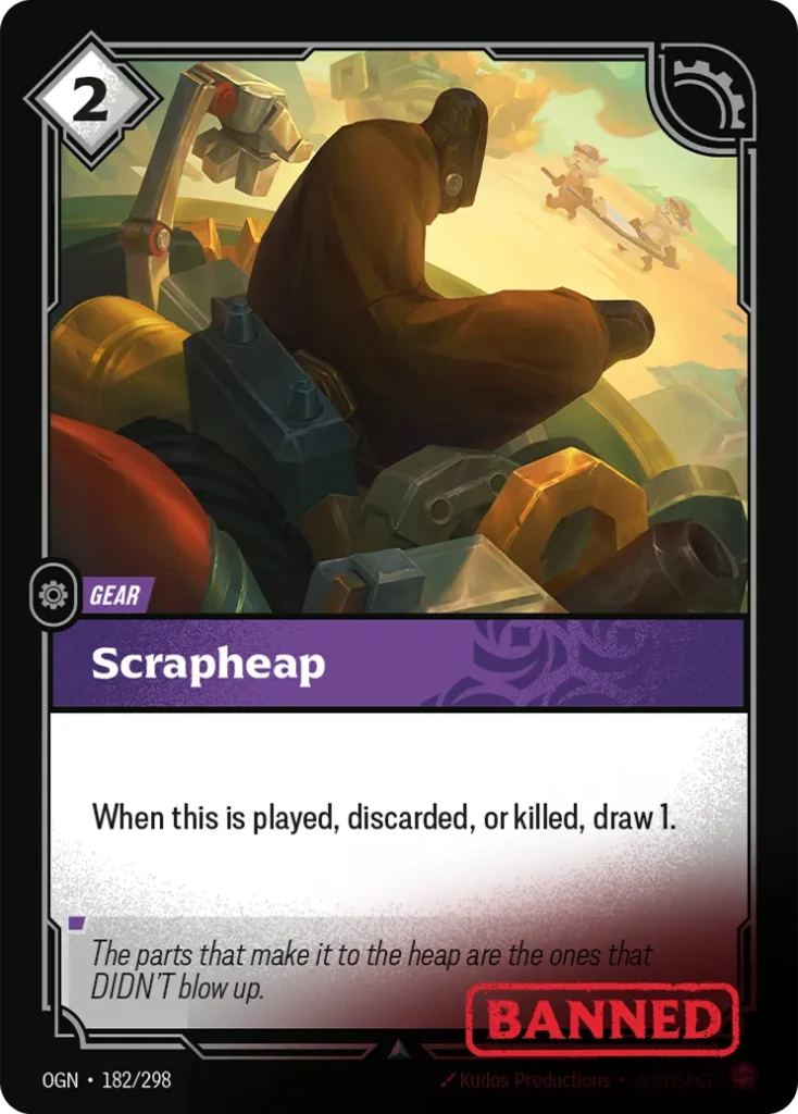 Karta Riftbound: Scrapheap — Gear, kolor Chaos, dodatek Origins. Ilustracja: Kudos Productions. Opis karty: When this is played, discarded, or killed, draw 1.