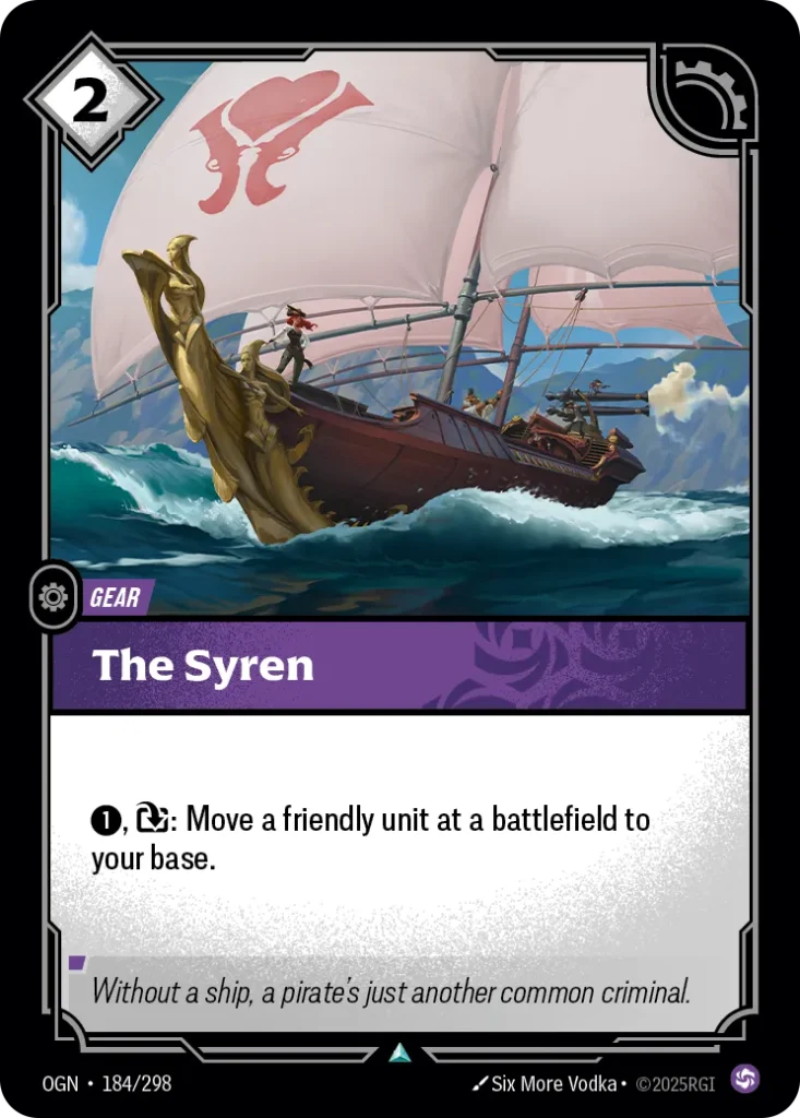 Karta Riftbound: The Syren — Gear, kolor Chaos, dodatek Origins. Ilustracja: Six More Vodka. Opis karty: 1⚡, : Move a friendly unit at a battlefield to your base.
