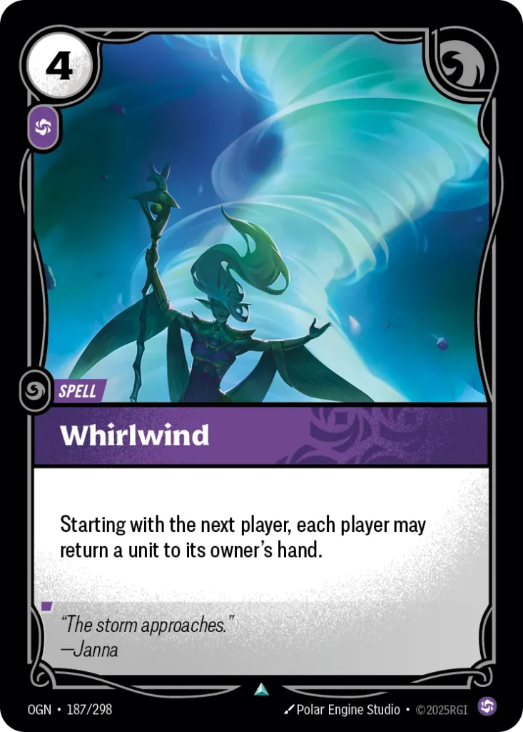 Karta Riftbound: Whirlwind — Spell, kolor Chaos, dodatek Origins. Ilustracja: Polar Engine Studio. Opis karty: Starting with the next player, each player may return a unit to its owner's hand.