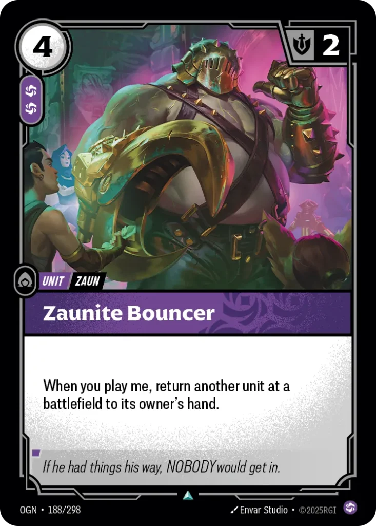 Karta Riftbound: Zaunite Bouncer — Unit, kolor Chaos, dodatek Origins. Ilustracja: Envar Studio. Opis karty: When you play me, return another unit at a battlefield to its owner's hand.