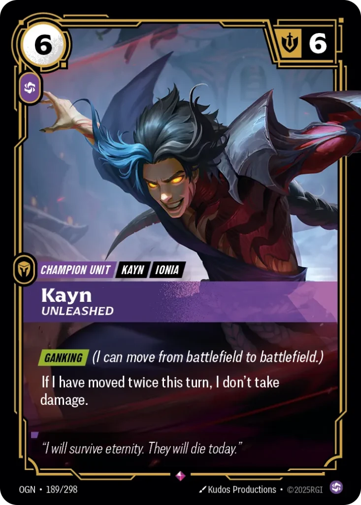 Karta Riftbound: Kayn - Unleashed — Unit, kolor Chaos, dodatek Origins. Ilustracja: Kudos Productions. Opis karty: Ganking (I can move from battlefield to battlefield.)If I have moved twice this turn, I don't take damage.