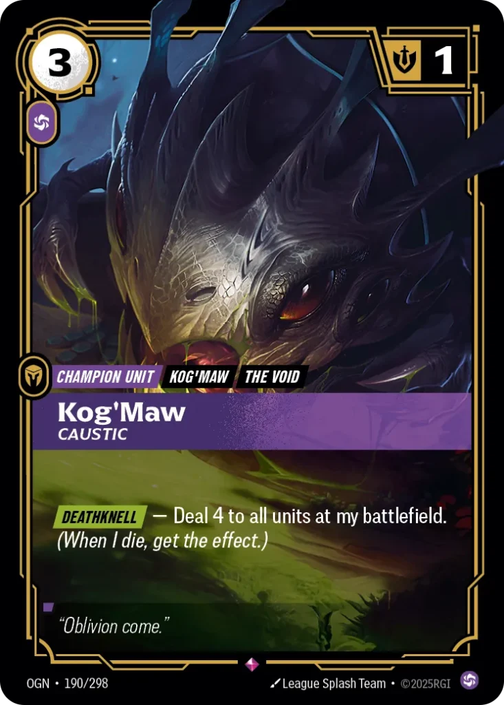 Karta Riftbound: Kog'Maw - Caustic — Unit, kolor Chaos, dodatek Origins. Ilustracja: League Splash Team. Opis karty: Deathknell — Deal 4 to all units at my battlefield. (When I die, get the effect.)