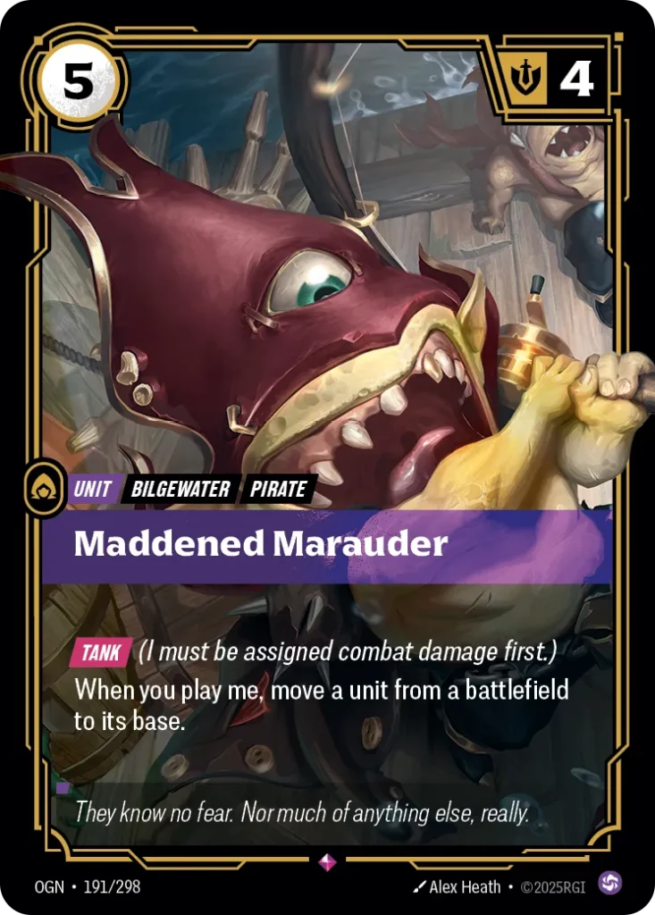 Karta Riftbound: Maddened Marauder — Unit, kolor Chaos, dodatek Origins. Ilustracja: Alex Heath. Opis karty: Tank (I must be assigned combat damage first.)When you play me, move a unit from a battlefield to its base.