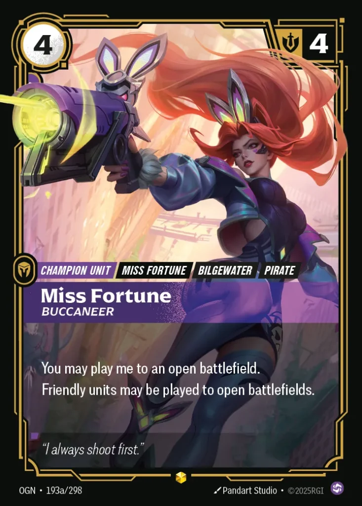 Karta Riftbound: Miss Fortune - Buccaneer (Alternate Art) — Unit, kolor Chaos, dodatek Origins. Ilustracja: Pandart Studio. Opis karty: You may play me to an open battlefield.Friendly units may be played to open battlefields.