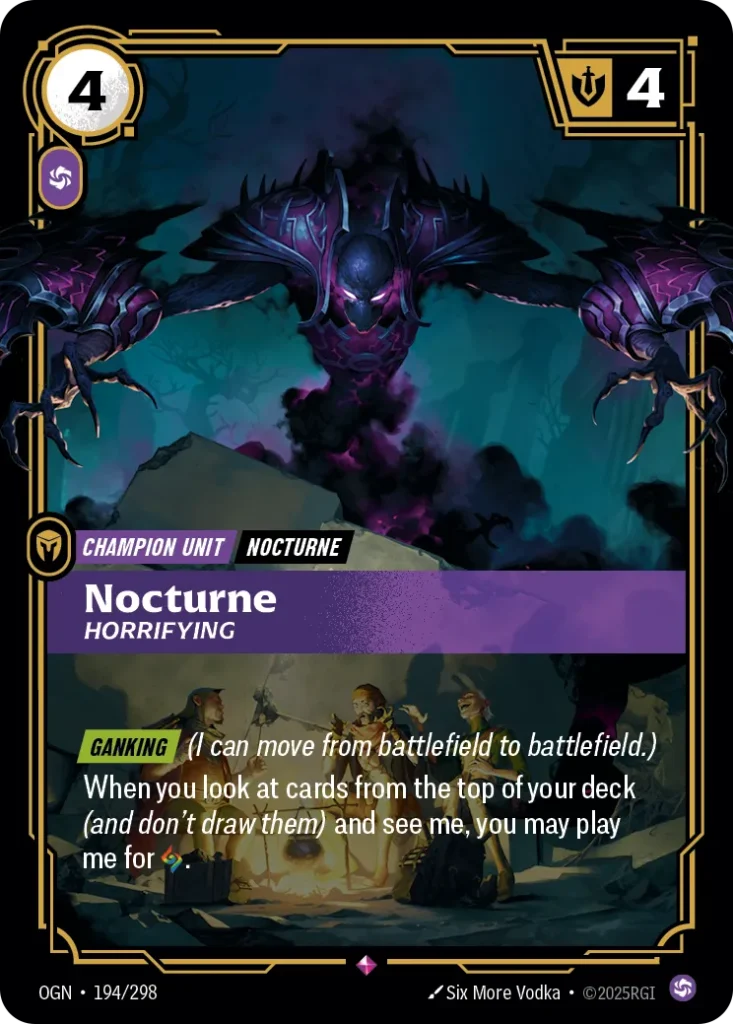 Karta Riftbound: Nocturne - Horrifying — Unit, kolor Chaos, dodatek Origins. Ilustracja: Six More Vodka. Opis karty: Ganking (I can move from battlefield to battlefield.)When you look at cards from the top of your deck (and don't draw them)
