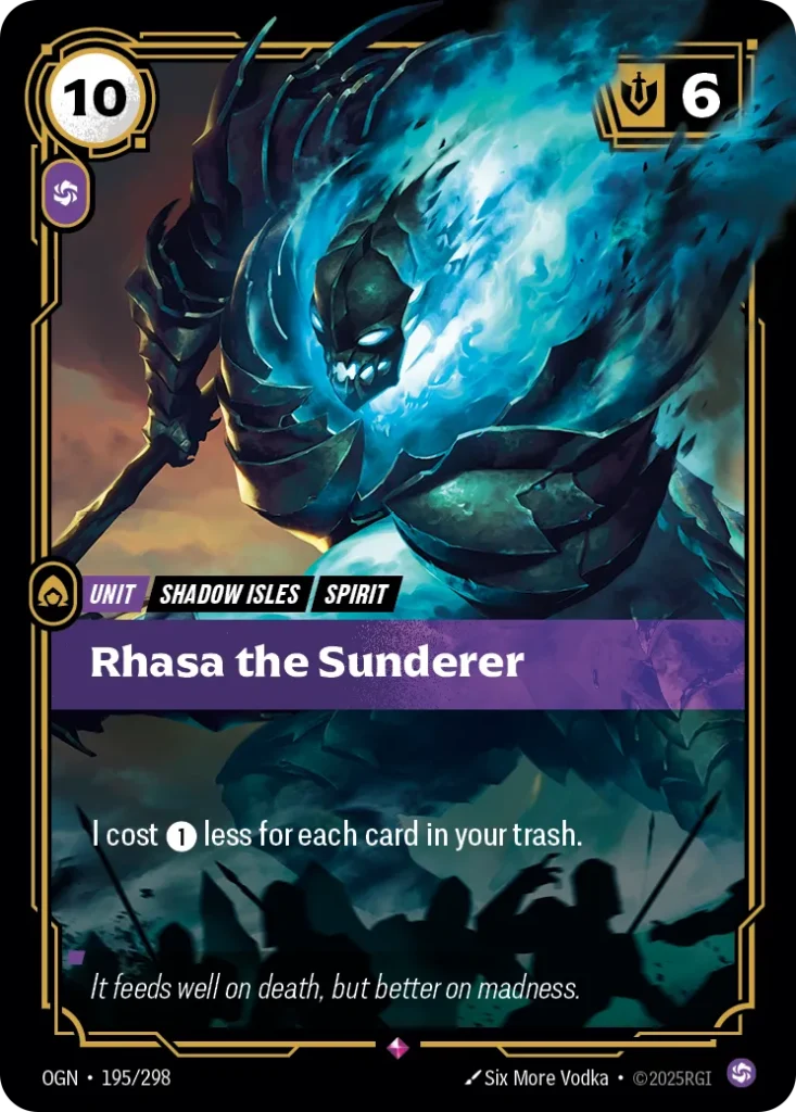 Karta Riftbound: Rhasa the Sunderer — Unit, kolor Chaos, dodatek Origins. Ilustracja: Six More Vodka. Opis karty: I cost 1⚡ less for each card in your trash.