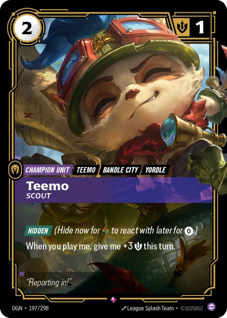 Karta Riftbound: Teemo - Scout — Unit, kolor Chaos, dodatek Origins. Ilustracja: League Splash Team. Opis karty: Hidden (Hide now for to react with later for 0⚡.)When you play me, give me +3 💪 this turn.