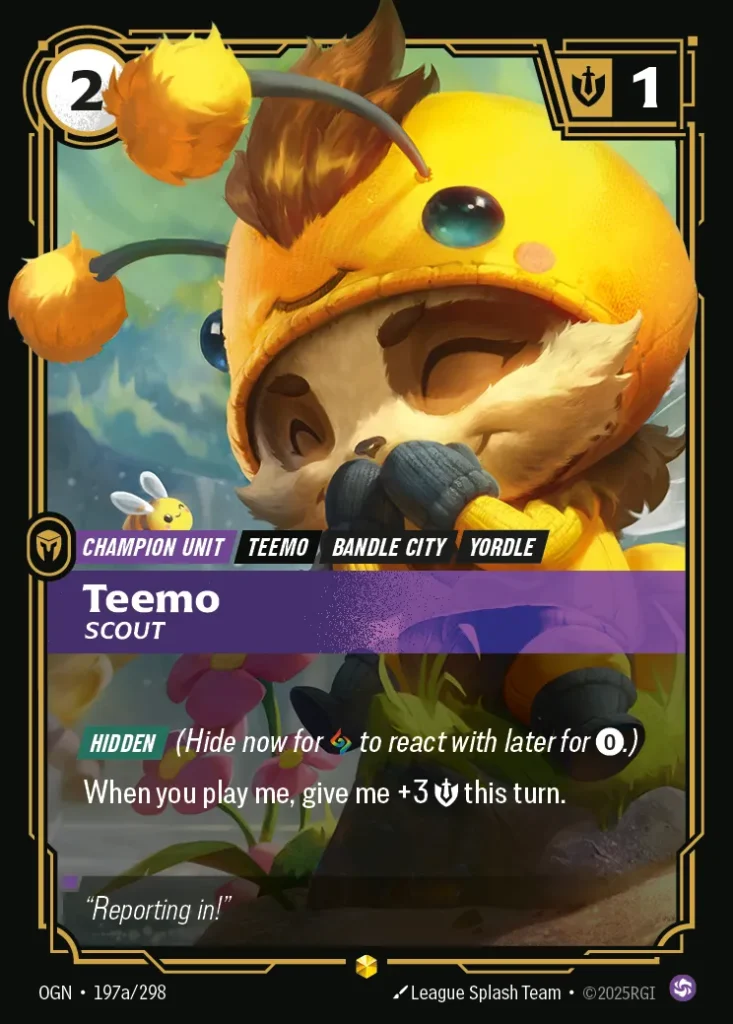 Karta Riftbound: Teemo - Scout (Alternate Art) — Unit, kolor Chaos, dodatek Origins. Ilustracja: League Splash Team. Opis karty: Hidden (Hide now for to react with later for 0⚡.)When you play me, give me +3 💪 this turn.