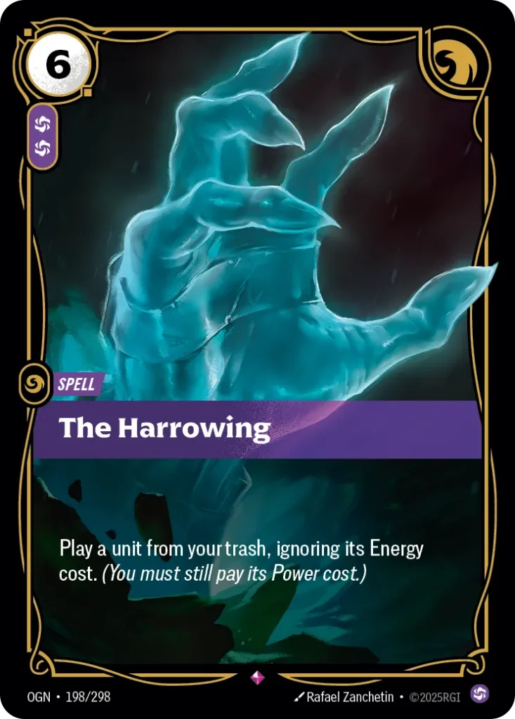 Karta Riftbound: The Harrowing — Spell, kolor Chaos, dodatek Origins. Ilustracja: Rafael Zanchetin. Opis karty: Play a unit from your trash, ignoring its Energy cost. (You must still pay its Power cost.)