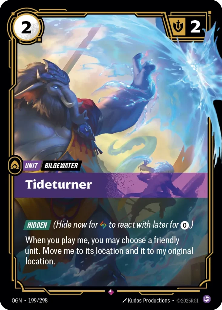 Karta Riftbound: Tideturner — Unit, kolor Chaos, dodatek Origins. Ilustracja: Kudos Productions. Opis karty: Hidden (Hide now for to react with later for 0⚡.)When you play me, you may choose a friendly unit. Move me to its location and it t