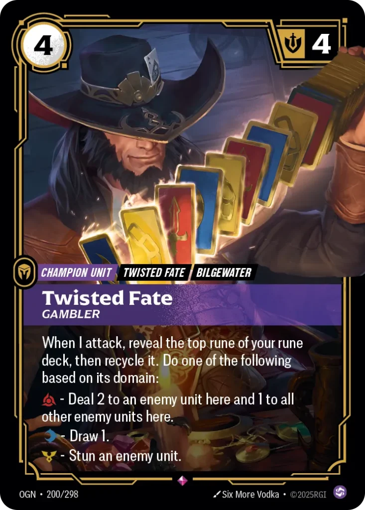 Karta Riftbound: Twisted Fate - Gambler — Unit, kolor Chaos, dodatek Origins. Ilustracja: Six More Vodka. Opis karty: When I attack, reveal the top rune of your rune deck, then recycle it. Do one of the following based on its domain: — Deal