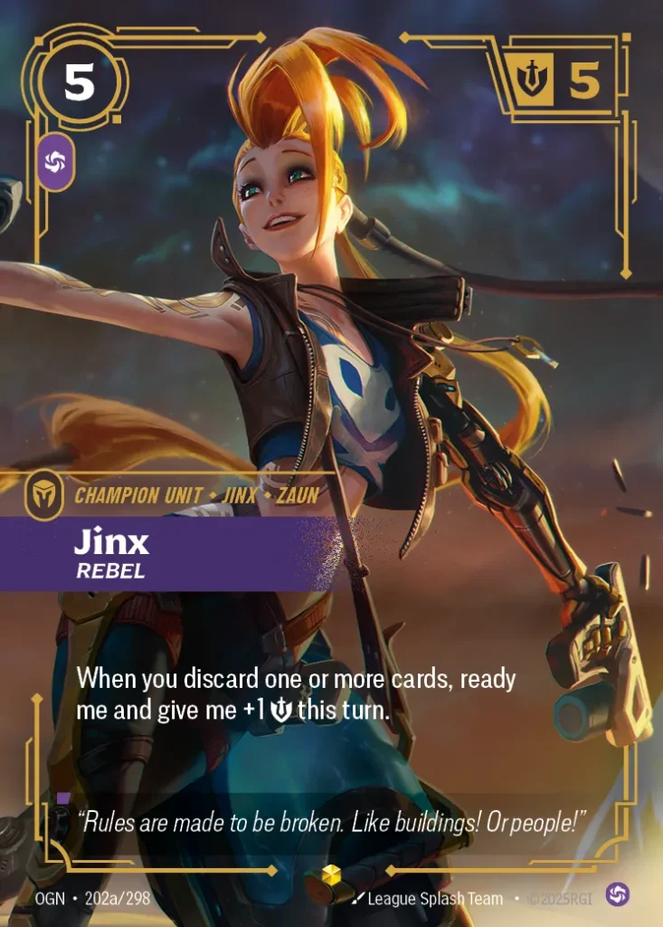 Karta Riftbound: Jinx - Rebel (Alternate Art) — Unit, kolor Chaos, dodatek Origins. Ilustracja: League Splash Team. Opis karty: When you discard one or more cards, ready me and give me +1 💪 this turn.