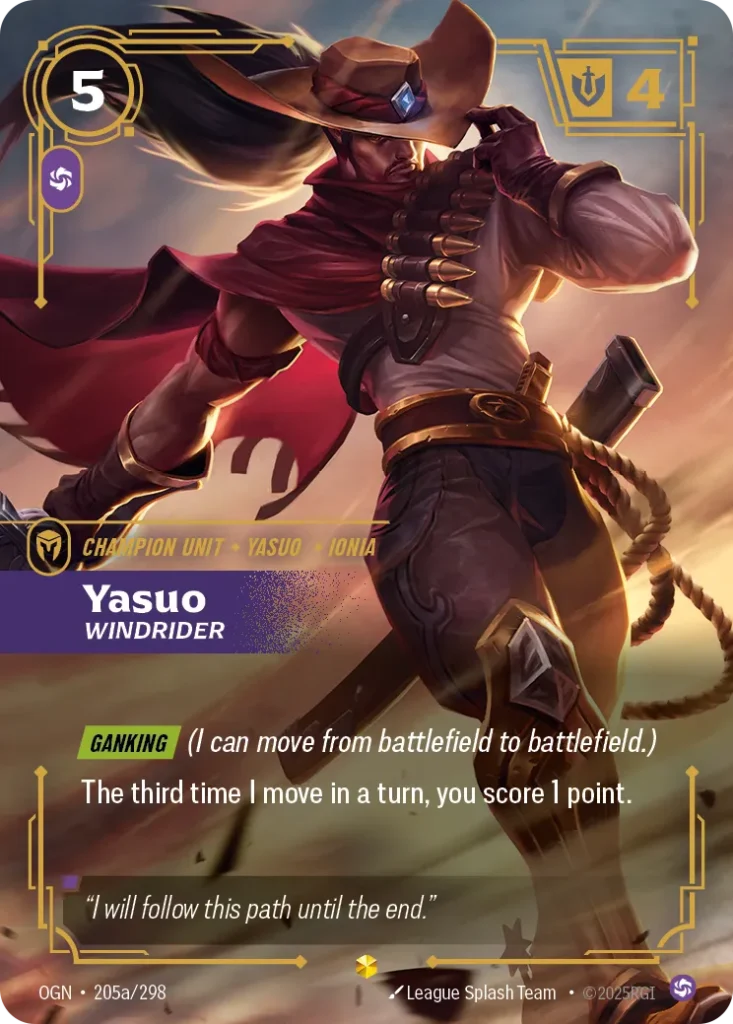 Karta Riftbound: Yasuo - Windrider (Alternate Art) — Unit, kolor Chaos, dodatek Origins. Ilustracja: League Splash Team. Opis karty: Ganking (I can move from battlefield to battlefield.)The third time I move in a turn, you score 1 point.