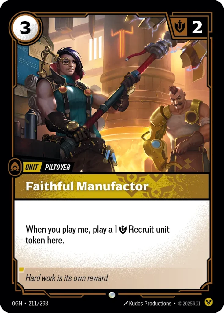 Karta Riftbound: Faithful Manufactor — Unit, kolor Order, dodatek Origins. Ilustracja: Kudos Productions. Opis karty: When you play me, play a 1 💪 Recruit unit token here.