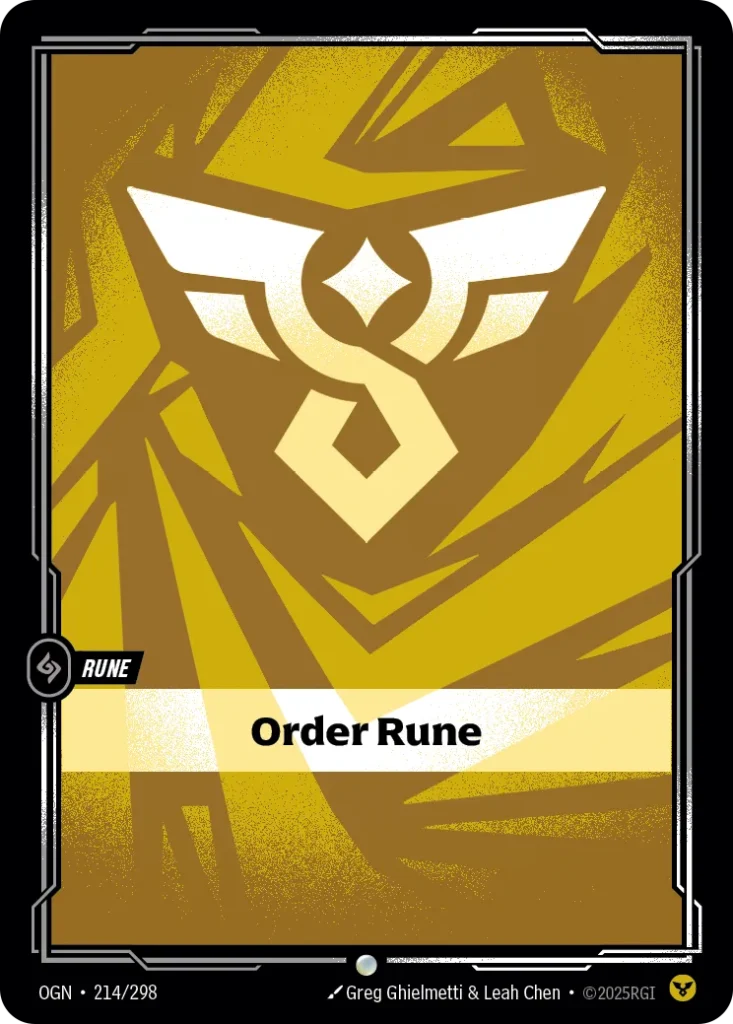Karta Riftbound: Order Rune — Rune, kolor Order, dodatek Origins. Ilustracja: Greg Ghielmetti & Leah Chen.