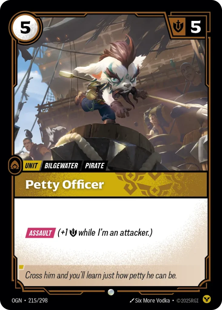 Karta Riftbound: Petty Officer — Unit, kolor Order, dodatek Origins. Ilustracja: Six More Vodka. Opis karty: Assault (+1 💪 while I'm an attacker.)