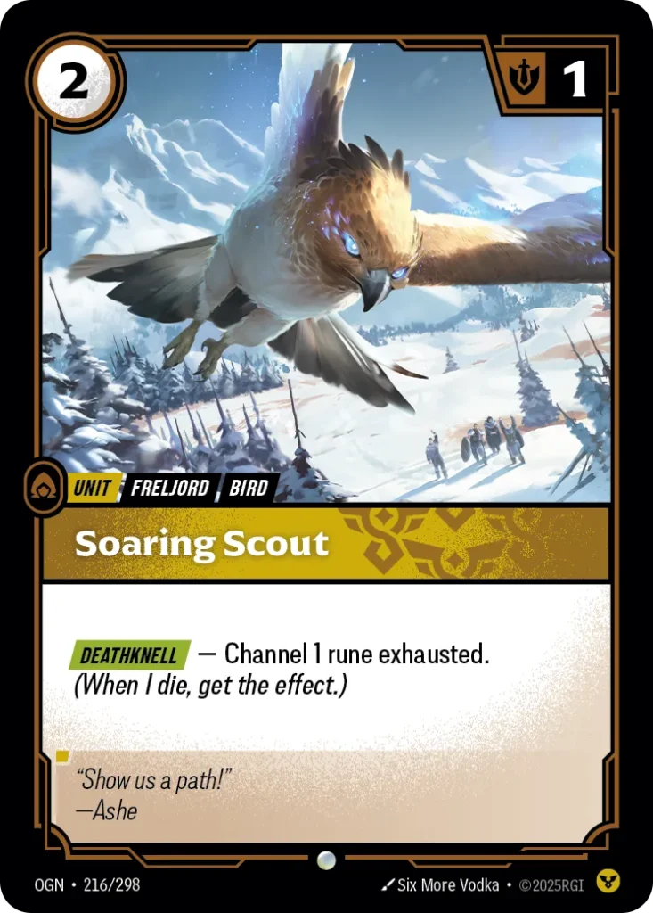 Karta Riftbound: Soaring Scout — Unit, kolor Order, dodatek Origins. Ilustracja: Six More Vodka. Opis karty: Deathknell — Channel 1 rune exhausted. (When I die, get the effect.)