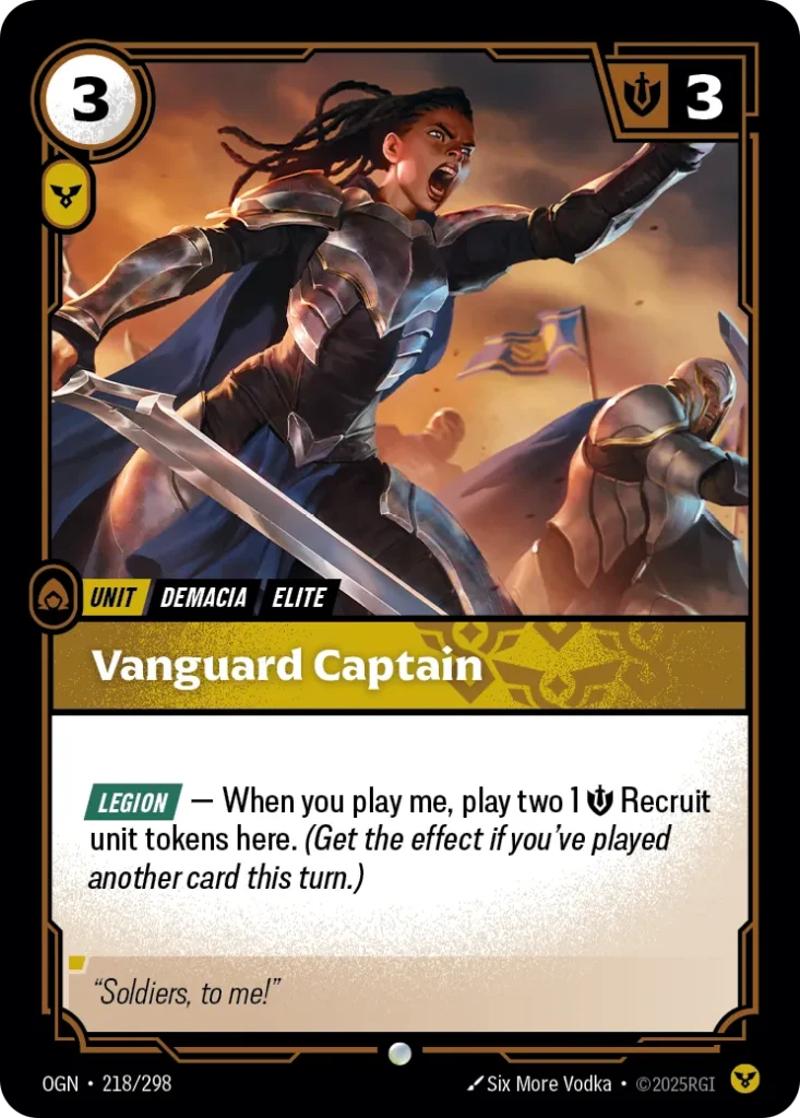 Karta Riftbound: Vanguard Captain — Unit, kolor Order, dodatek Origins. Ilustracja: Six More Vodka. Opis karty: Legion — When you play me, play two 1 💪 Recruit unit tokens here. (Get the effect if you've played another card this turn.)