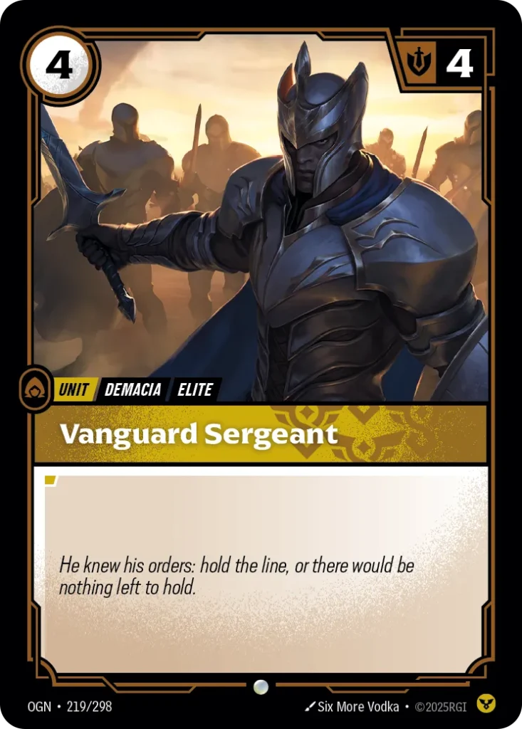 Karta Riftbound: Vanguard Sergeant — Unit, kolor Order, dodatek Origins. Ilustracja: Six More Vodka.