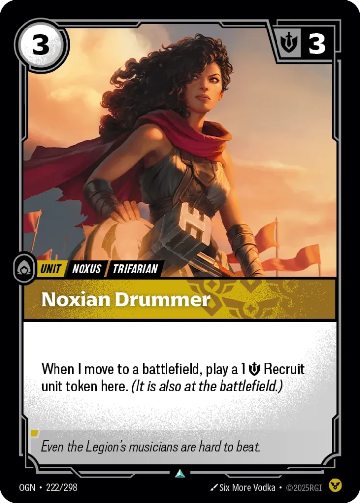 Karta Riftbound: Noxian Drummer — Unit, kolor Order, dodatek Origins. Ilustracja: Six More Vodka. Opis karty: When I move to a battlefield, play a 1 💪 Recruit unit token here. (It is also at the battlefield.)