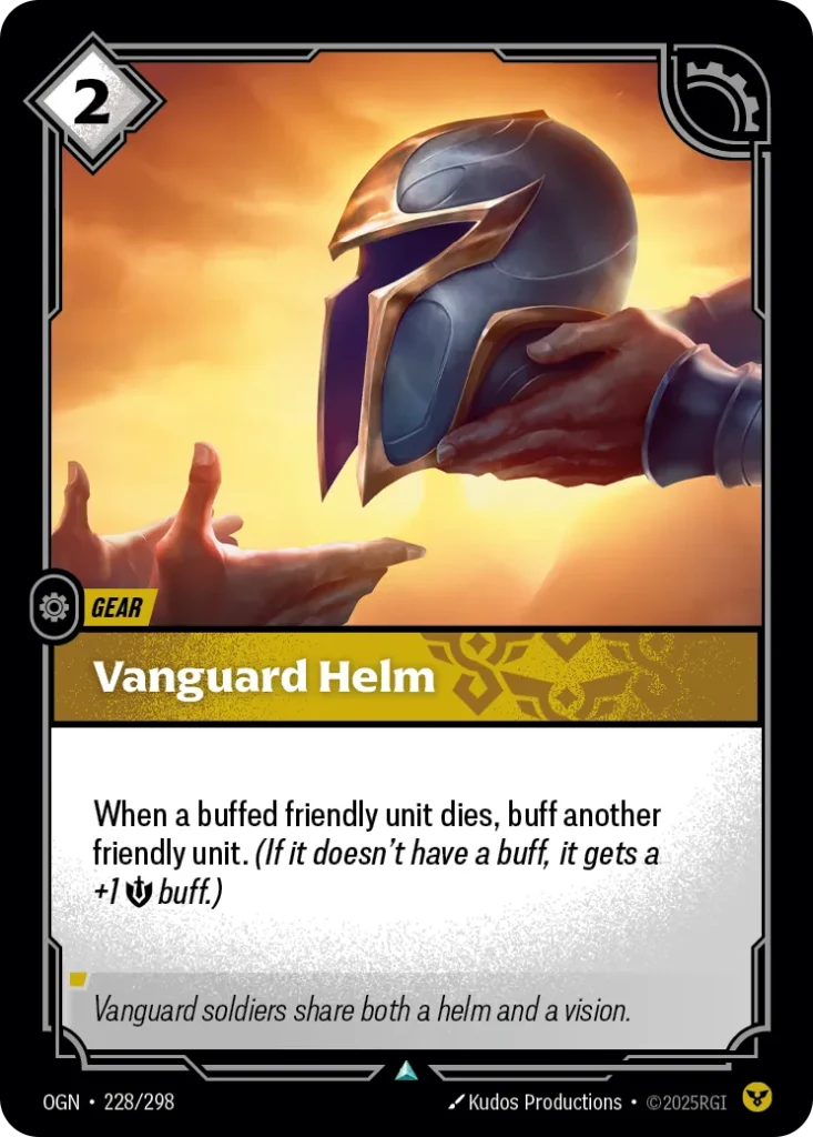 Karta Riftbound: Vanguard Helm — Gear, kolor Order, dodatek Origins. Ilustracja: Kudos Productions. Opis karty: When a buffed friendly unit dies, buff another friendly unit. (If it doesn't have a buff, it gets a +1 💪 buff.)