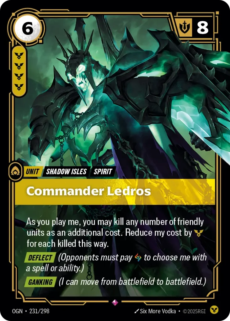 Karta Riftbound: Commander Ledros — Unit, kolor Order, dodatek Origins. Ilustracja: Six More Vodka. Opis karty: As you play me, you may kill any number of friendly units as an additional cost. Reduce my cost by for each killed this way. Def