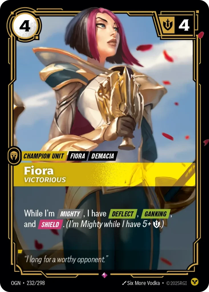 Karta Riftbound: Fiora - Victorious — Unit, kolor Order, dodatek Origins. Ilustracja: Six More Vodka. Opis karty: While I'm Mighty , I have Deflect , Ganking , and Shield . (I'm Mighty while I have 5+ 💪.)