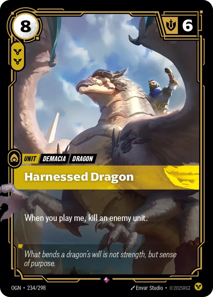 Karta Riftbound: Harnessed Dragon — Unit, kolor Order, dodatek Origins. Ilustracja: Envar Studio. Opis karty: When you play me, kill an enemy unit.