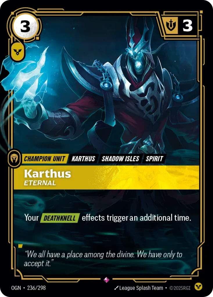 Karta Riftbound: Karthus - Eternal — Unit, kolor Order, dodatek Origins. Ilustracja: League Splash Team. Opis karty: Your Deathknell effects trigger an additional time.