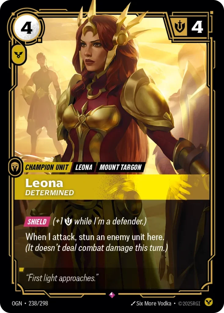 Karta Riftbound: Leona - Determined — Unit, kolor Order, dodatek Origins. Ilustracja: Six More Vodka. Opis karty: Shield (+1 💪 while I'm a defender.)When I attack, stun an enemy unit here. (It doesn't deal combat damage this turn.)