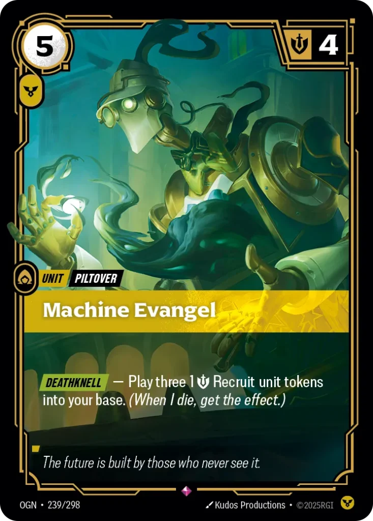 Karta Riftbound: Machine Evangel — Unit, kolor Order, dodatek Origins. Ilustracja: Kudos Productions. Opis karty: Deathknell — Play three 1 💪 Recruit unit tokens into your base. (When I die, get the effect.)