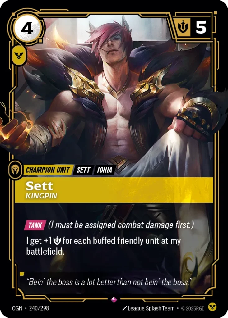 Karta Riftbound: Sett - Kingpin — Unit, kolor Order, dodatek Origins. Ilustracja: League Splash Team. Opis karty: Tank (I must be assigned combat damage first.)I get +1 💪 for each buffed friendly unit at my battlefield.