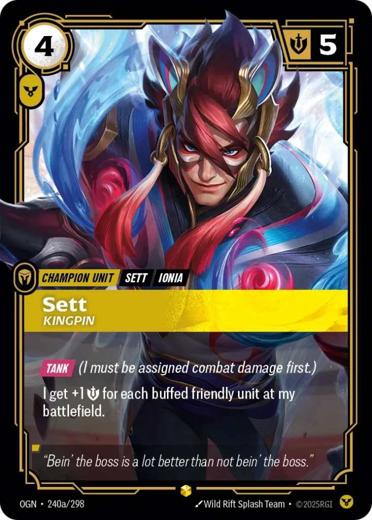 Karta Riftbound: Sett - Kingpin (Alternate Art) — Unit, kolor Order, dodatek Origins. Ilustracja: Wild Rift Splash Team. Opis karty: Tank (I must be assigned combat damage first.)I get +1 💪 for each buffed friendly unit at my battlefield.