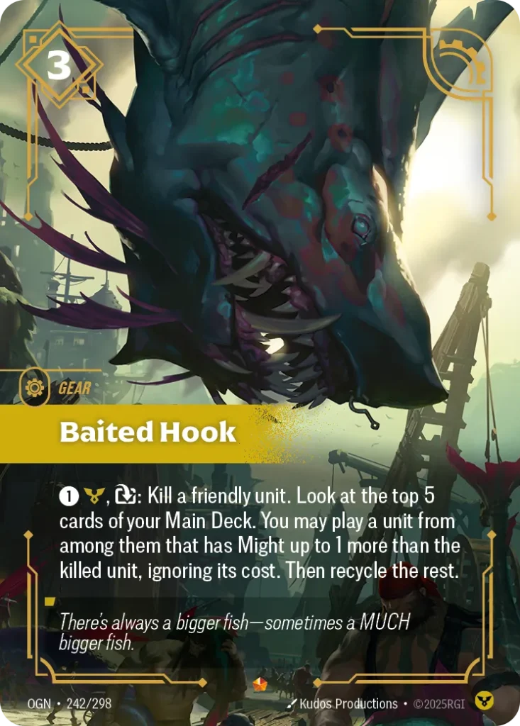 Karta Riftbound: Baited Hook — Gear, kolor Order, dodatek Origins. Ilustracja: Kudos Productions. Opis karty: 1⚡, : Kill a friendly unit. Look at the top 5 cards of your Main Deck. You may banish a unit from among them that has Might up to 