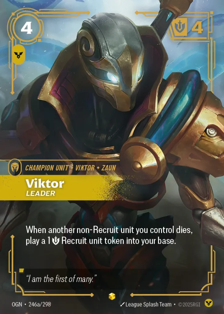Karta Riftbound: Viktor - Leader (Alternate Art) — Unit, kolor Order, dodatek Origins. Ilustracja: League Splash Team. Opis karty: When another non-Recruit unit you control dies, play a 1 💪 Recruit unit token into your base.