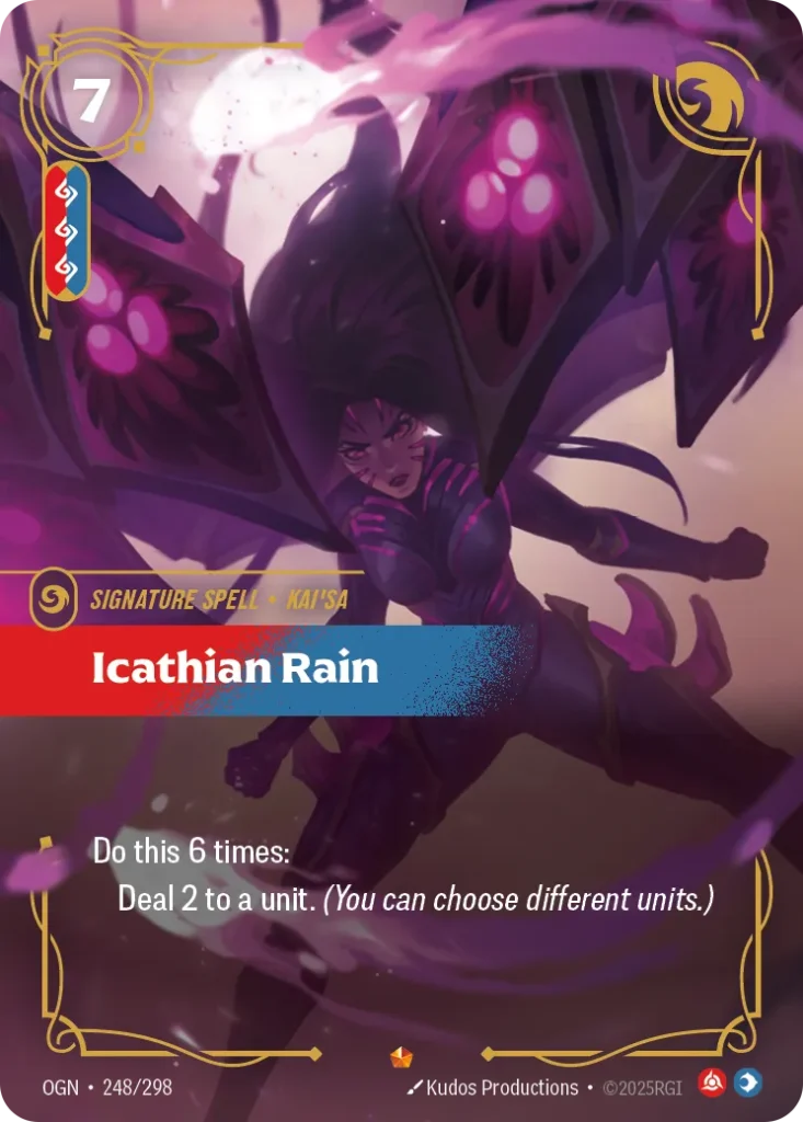 Karta Riftbound: Icathian Rain — Spell, kolor Fury/Mind, dodatek Origins. Ilustracja: Kudos Productions. Opis karty: Deal 2 to a unit.Deal 2 to a unit.Deal 2 to a unit.Deal 2 to a unit.Deal 2 to a unit.Deal 2 to a unit.