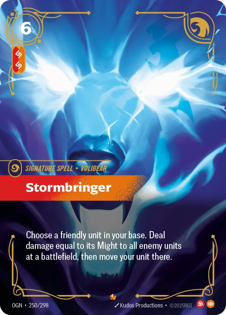 Karta Riftbound: Stormbringer — Spell, kolor Fury/Body, dodatek Origins. Ilustracja: Kudos Productions. Opis karty: Choose a friendly unit in your base. Deal damage equal to its Might to all enemy units at a battlefield, then move your unit
