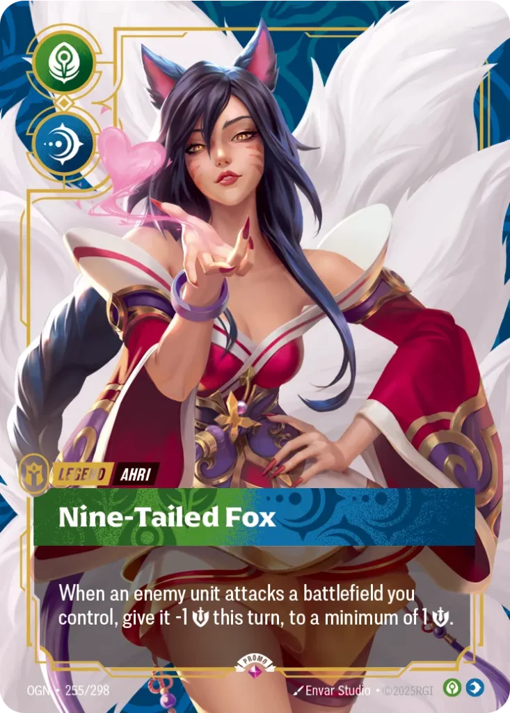 Karta Riftbound: Ahri - Nine-Tailed Fox — Legend, kolor Calm/Mind, dodatek Origins. Ilustracja: Envar Studio. Opis karty: When an enemy unit attacks a battlefield you control, give it -1 💪 this turn, to a minimum of 1 💪.