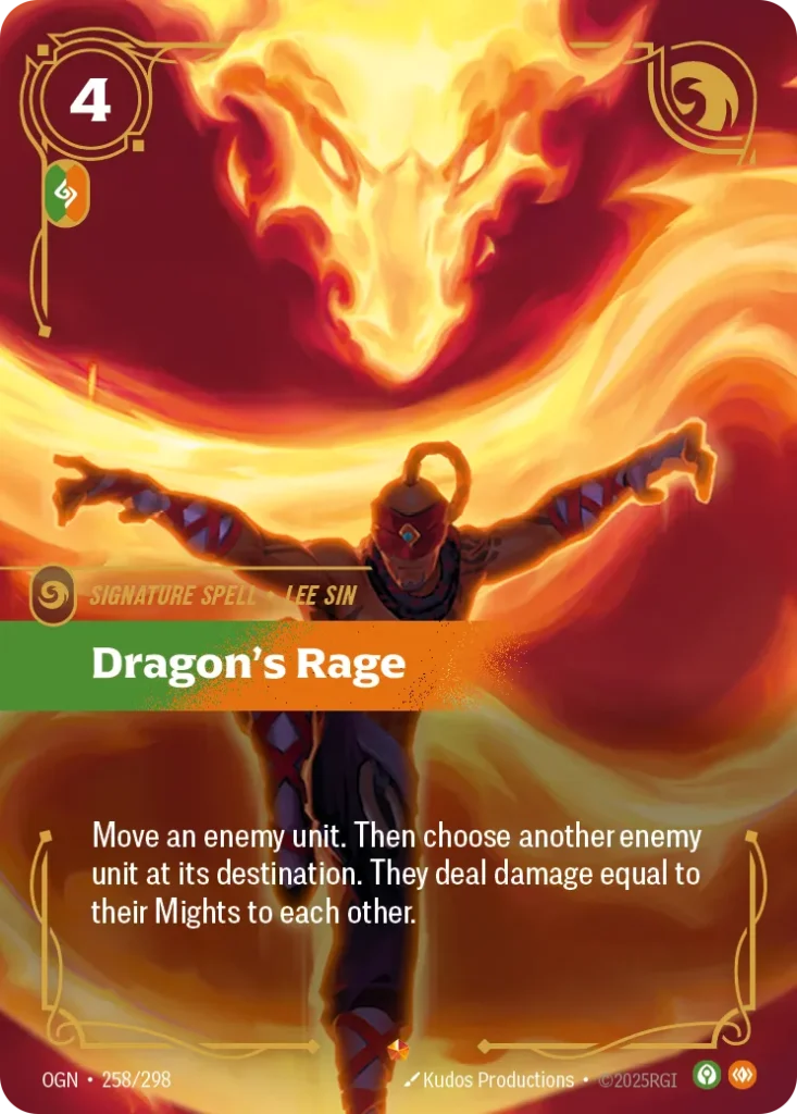 Karta Riftbound: Dragon's Rage — Spell, kolor Calm/Body, dodatek Origins. Ilustracja: Kudos Productions. Opis karty: Move an enemy unit. Then choose another enemy unit at its destination. They deal damage equal to their Mights to each other