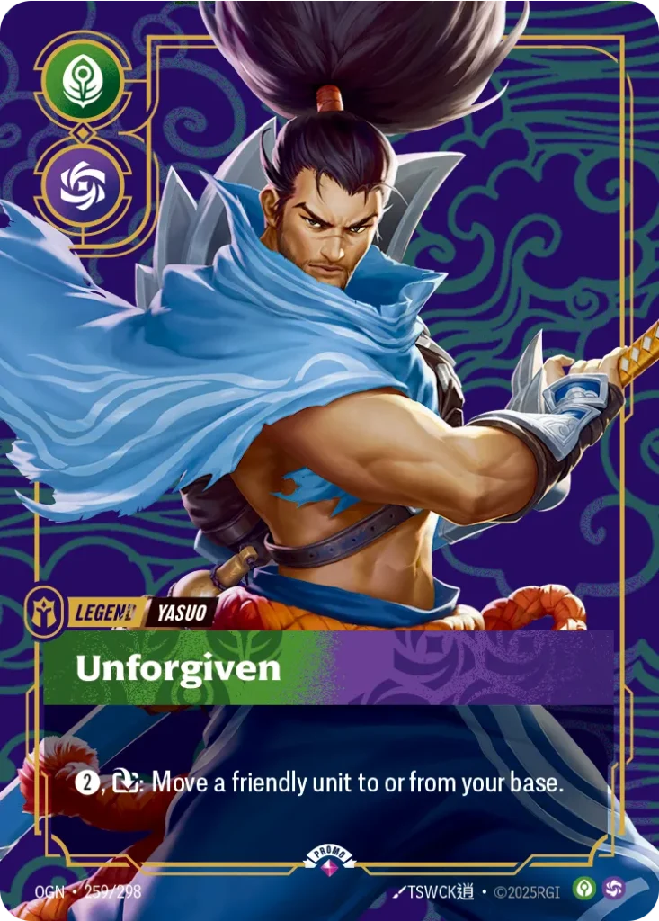 Karta Riftbound: Yasuo - Unforgiven — Legend, kolor Calm/Chaos, dodatek Origins. Ilustracja: TSWCK逍. Opis karty: 2⚡, : Move a friendly unit to or from its base.