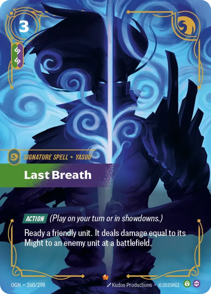 Karta Riftbound: Last Breath — Spell, kolor Calm/Chaos, dodatek Origins. Ilustracja: Kudos Productions. Opis karty: Action (Play on your turn or in showdowns.)Ready a friendly unit. It deals damage equal to its Might to an enemy unit at a b