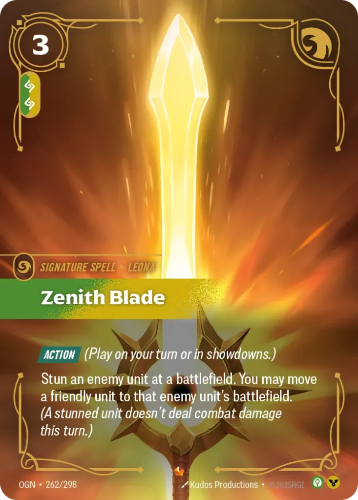 Karta Riftbound: Zenith Blade — Spell, kolor Calm/Order, dodatek Origins. Ilustracja: Kudos Productions. Opis karty: Action (Play on your turn or in showdowns.)Stun an enemy unit at a battlefield. You may move a friendly unit to that enemy 