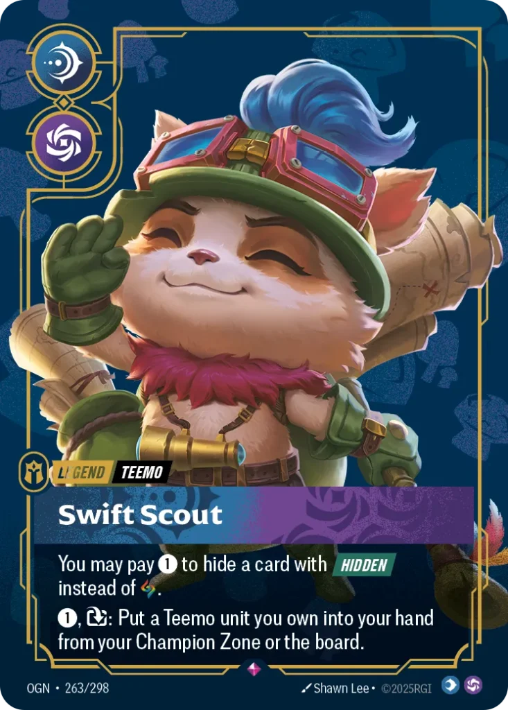 Karta Riftbound: Teemo - Swift Scout — Legend, kolor Mind/Chaos, dodatek Origins. Ilustracja: Shawn Lee. Opis karty: You may pay 1⚡ to hide a card with Hidden instead of .1⚡, : Put a Teemo unit you own into your hand from your Champion Zone