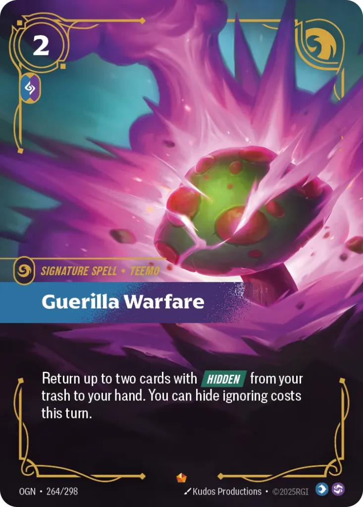 Karta Riftbound: Guerilla Warfare — Spell, kolor Mind/Chaos, dodatek Origins. Ilustracja: Kudos Productions. Opis karty: Return up to two cards with Hidden from your trash to your hand. You can hide cards ignoring costs this turn.