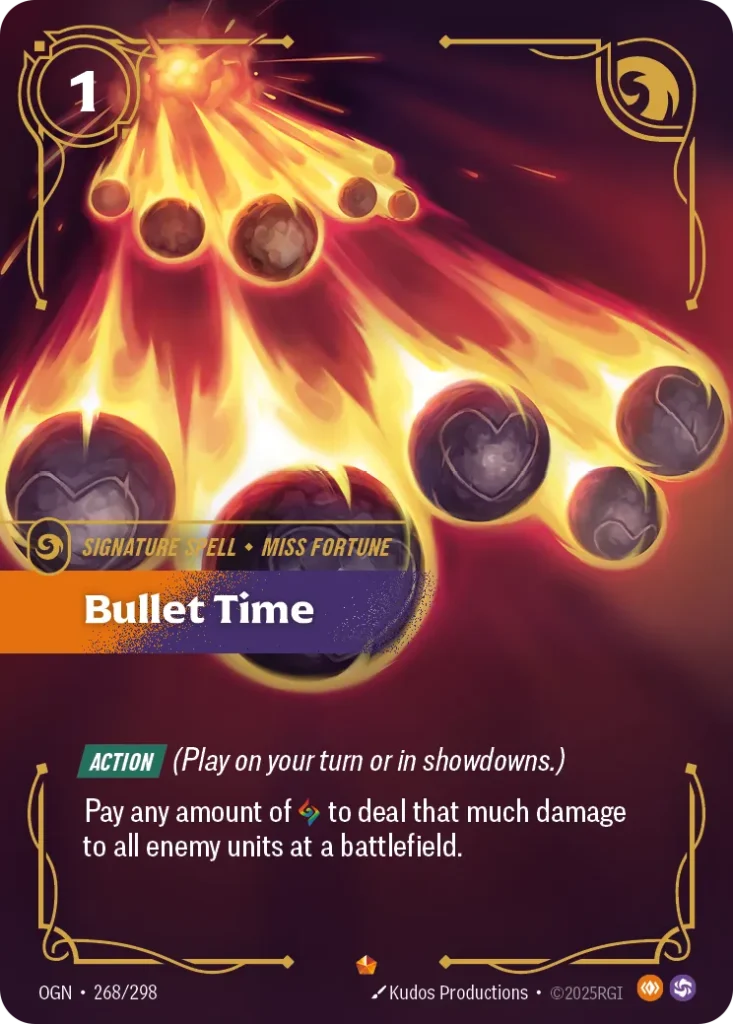 Karta Riftbound: Bullet Time — Spell, kolor Body/Chaos, dodatek Origins. Ilustracja: Kudos Productions. Opis karty: Action (Play on your turn or in showdowns.)Pay any amount of to deal that much damage to all enemy units at a battlefield.