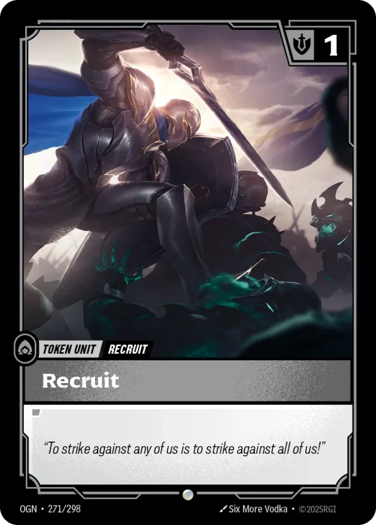 Karta Riftbound: Recruit (271) // Buff — Unit, kolor Colorless, dodatek Origins. Ilustracja: Six More Vodka.