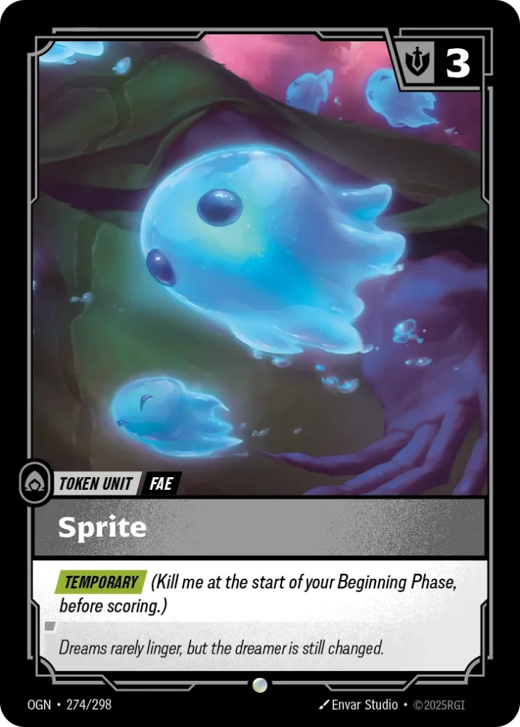 Karta Riftbound: Sprite (274) // Buff — Unit, kolor Colorless, dodatek Origins. Ilustracja: Envar Studio. Opis karty: Temporary (Kill me at the start of your Beginning Phase, before scoring.)