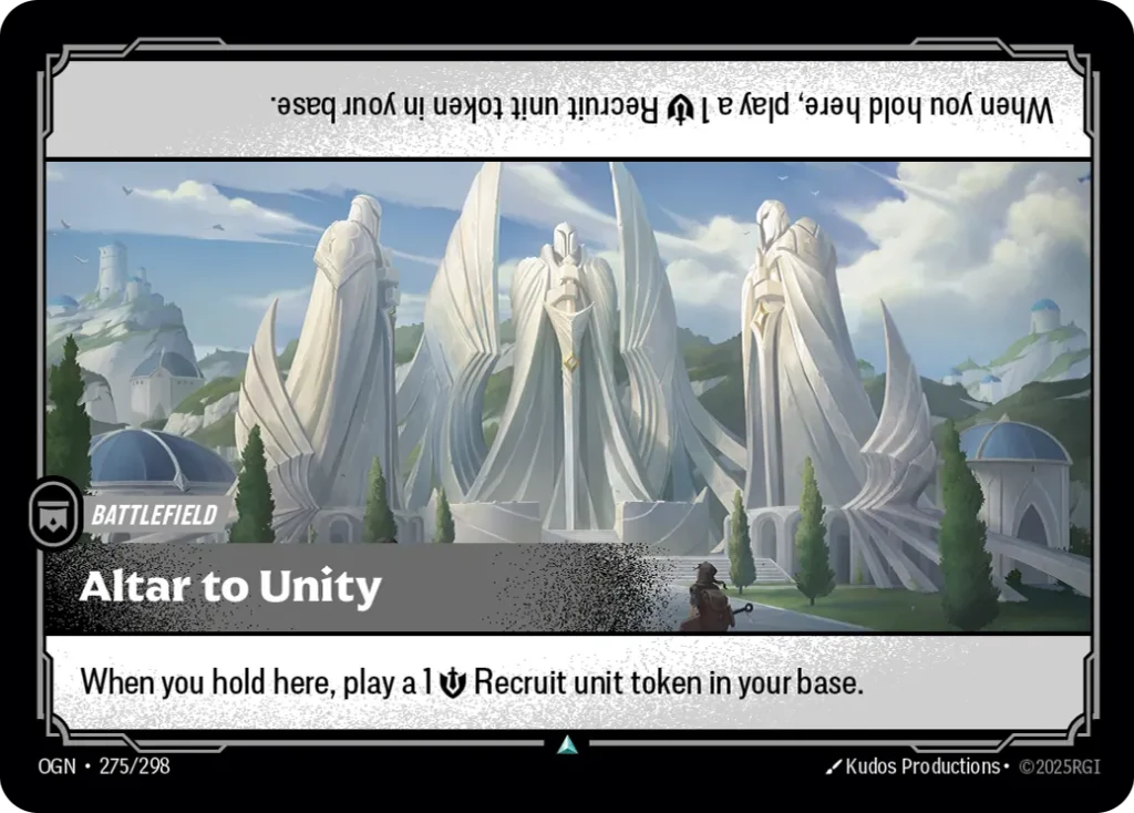 Karta Riftbound: Altar to Unity — Battlefield, kolor Colorless, dodatek Origins. Ilustracja: Kudos Productions. Opis karty: When you hold here, play a 1 💪 Recruit unit token in your base.