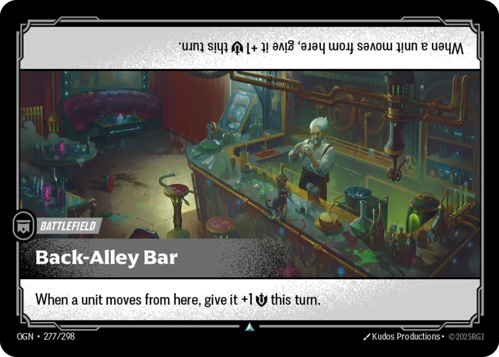 Karta Riftbound: Back-Alley Bar — Battlefield, kolor Colorless, dodatek Origins. Ilustracja: Kudos Productions. Opis karty: When a unit moves from here, give it +1 💪 this turn.