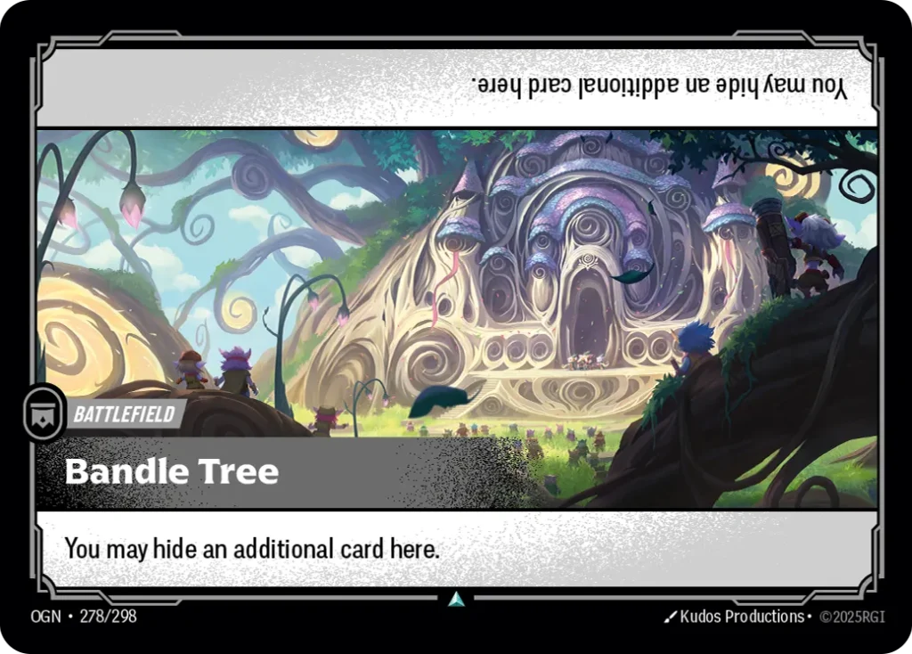 Karta Riftbound: Bandle Tree — Battlefield, kolor Colorless, dodatek Origins. Ilustracja: Kudos Productions. Opis karty: You may hide an additional card here.